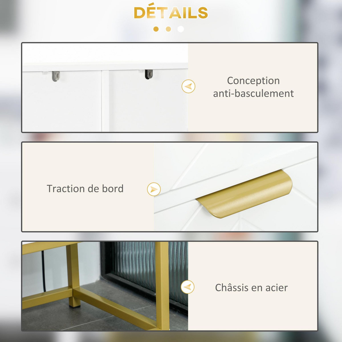 KLEANKIN Meuble bas de salle de bain design - porte, étagère, tiroir, 2 niches, 1 tiroir - acier doré MDF blanc