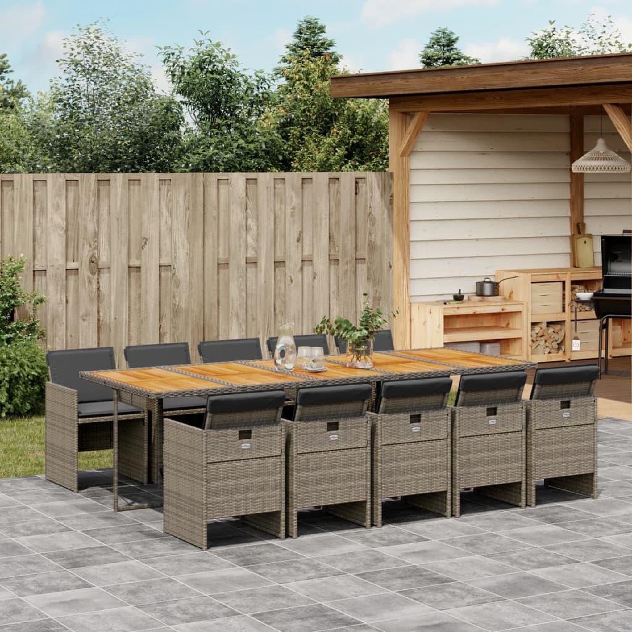 VIDAXL Ensemble a manger de jardin 11pcs avec coussins gris poly rotin