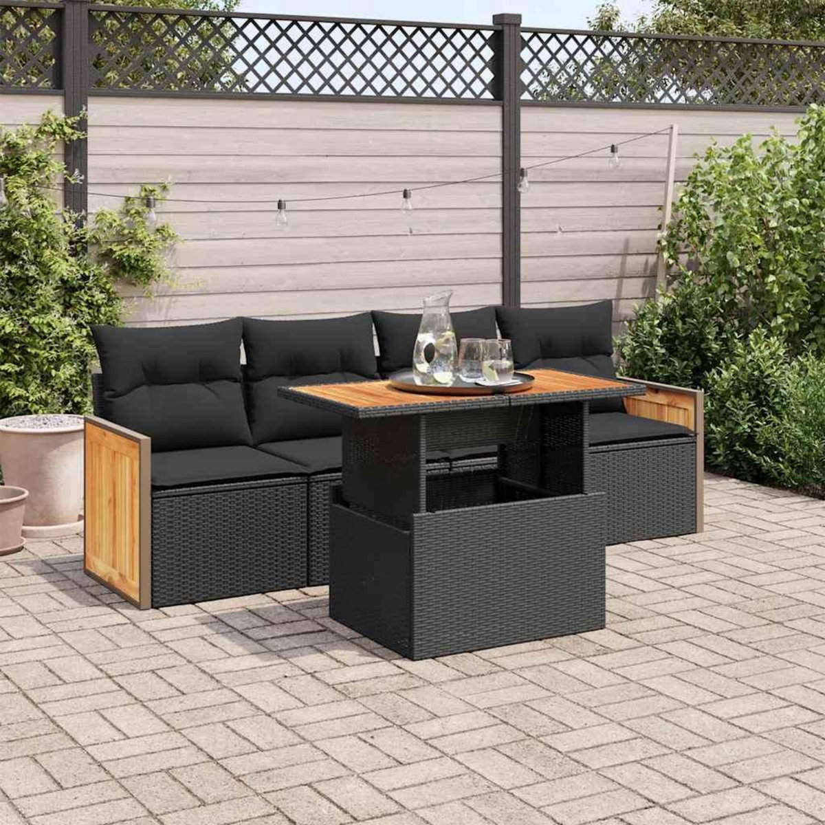 VIDAXL Salon de jardin 5 pcs avec coussins noir resine tressee acacia