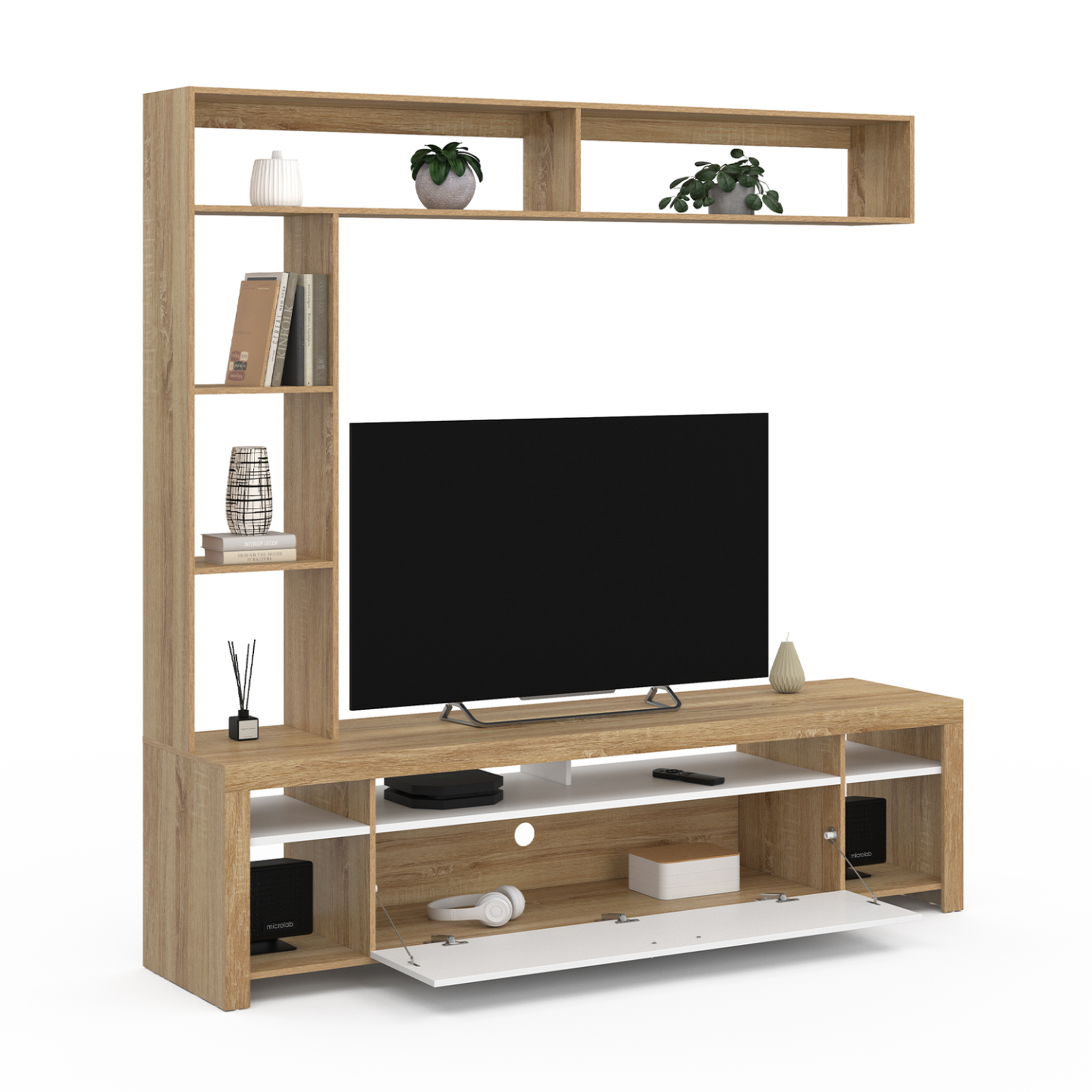 Voir la diapositive 4 : ID MARKET Ensemble meuble tv et étagères 170 cm malo bois et placard blanc