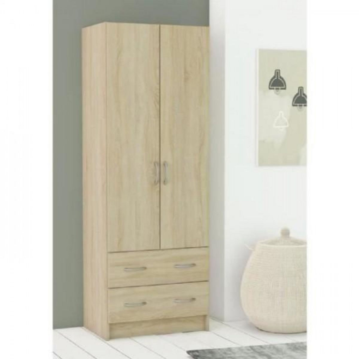 Demeyere DEMEYERE Armoire - Décor chene brossé - 2 portes et 2 tiroirs - Classique - Chambre - L 61 cm - DUAL