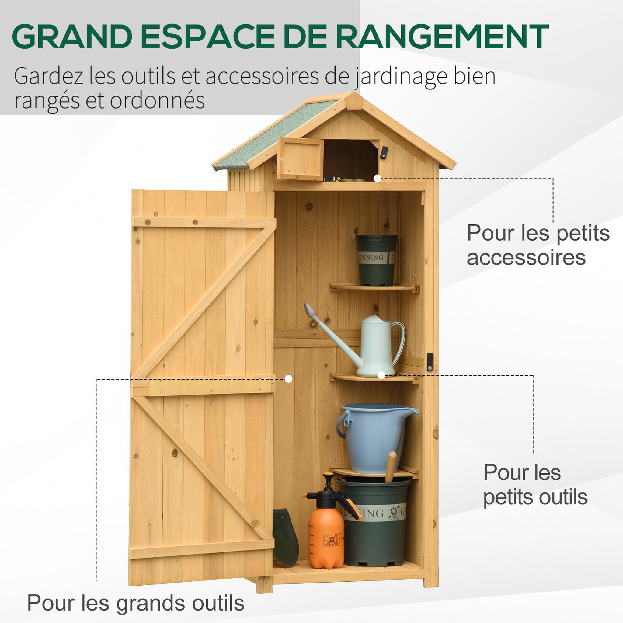 Voir la diapositive 4 : OUTSUNNY Armoire abri de jardin remise pour outils 3 étagères 2 portes loquets toit pente bitumé 77L x 54l x 179H cm sapin traité lasuré
