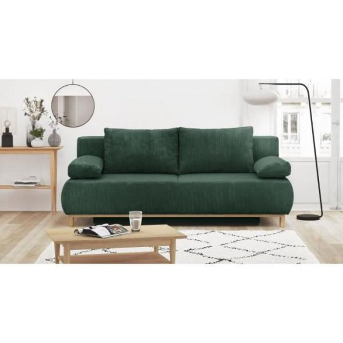 MARKET24 Banquette convertible 3 places MIKA - Velours côtelé Vert foret - Coffre de rangement - L 192 x H 84 x P 93 cm