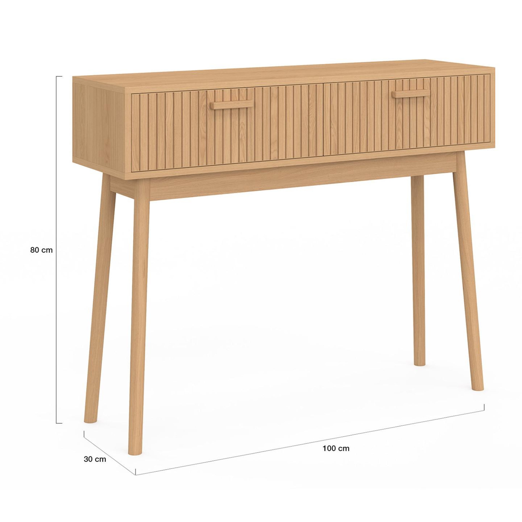 Voir la diapositive 4 : ID MARKET Console 2 tiroirs juliette lattes tasseau bois coloris chêne