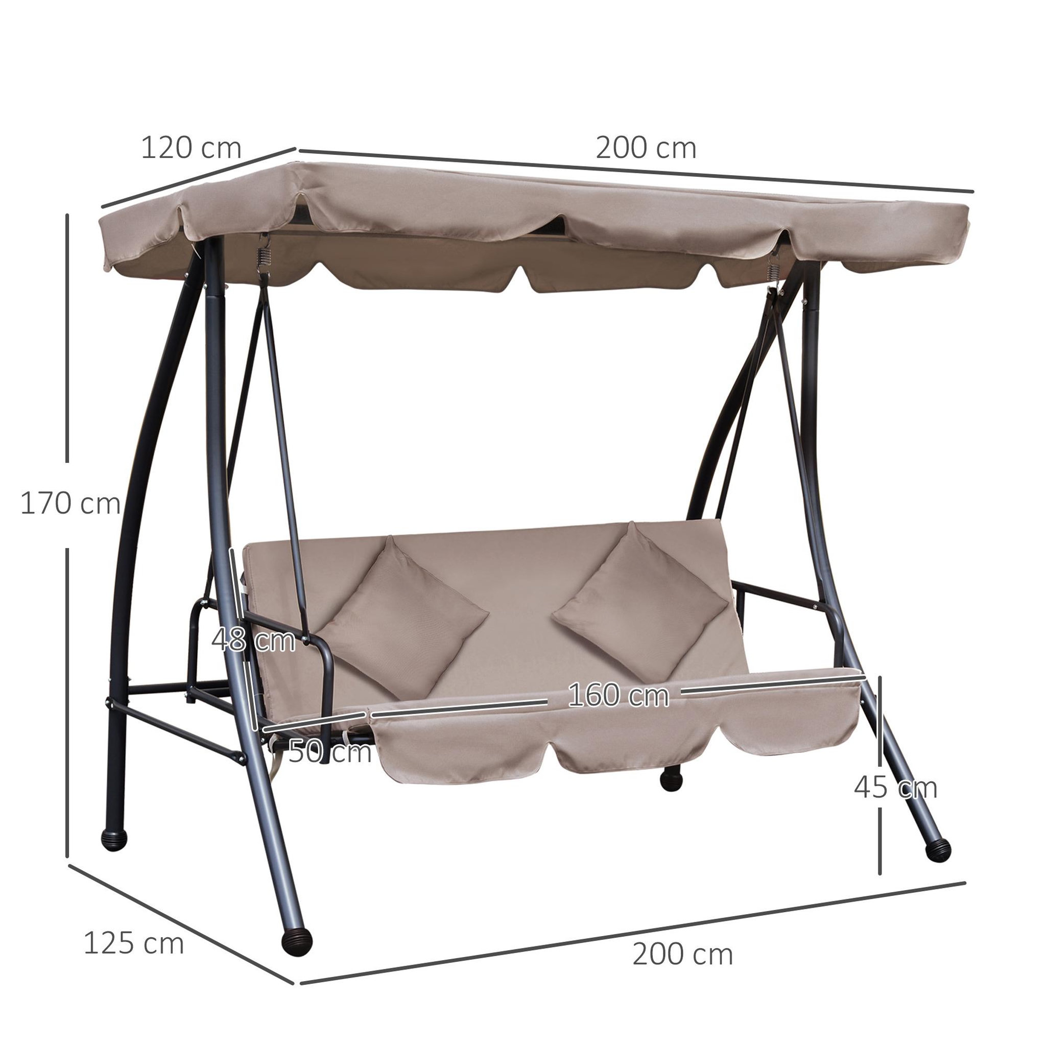 Voir la diapositive 3 : OUTSUNNY Balancelle de jardin convertible 3 places grand confort inclinaison toit réglable matelas fourni 2L x 1,25l x 1,7H m métal polyester noir et beige