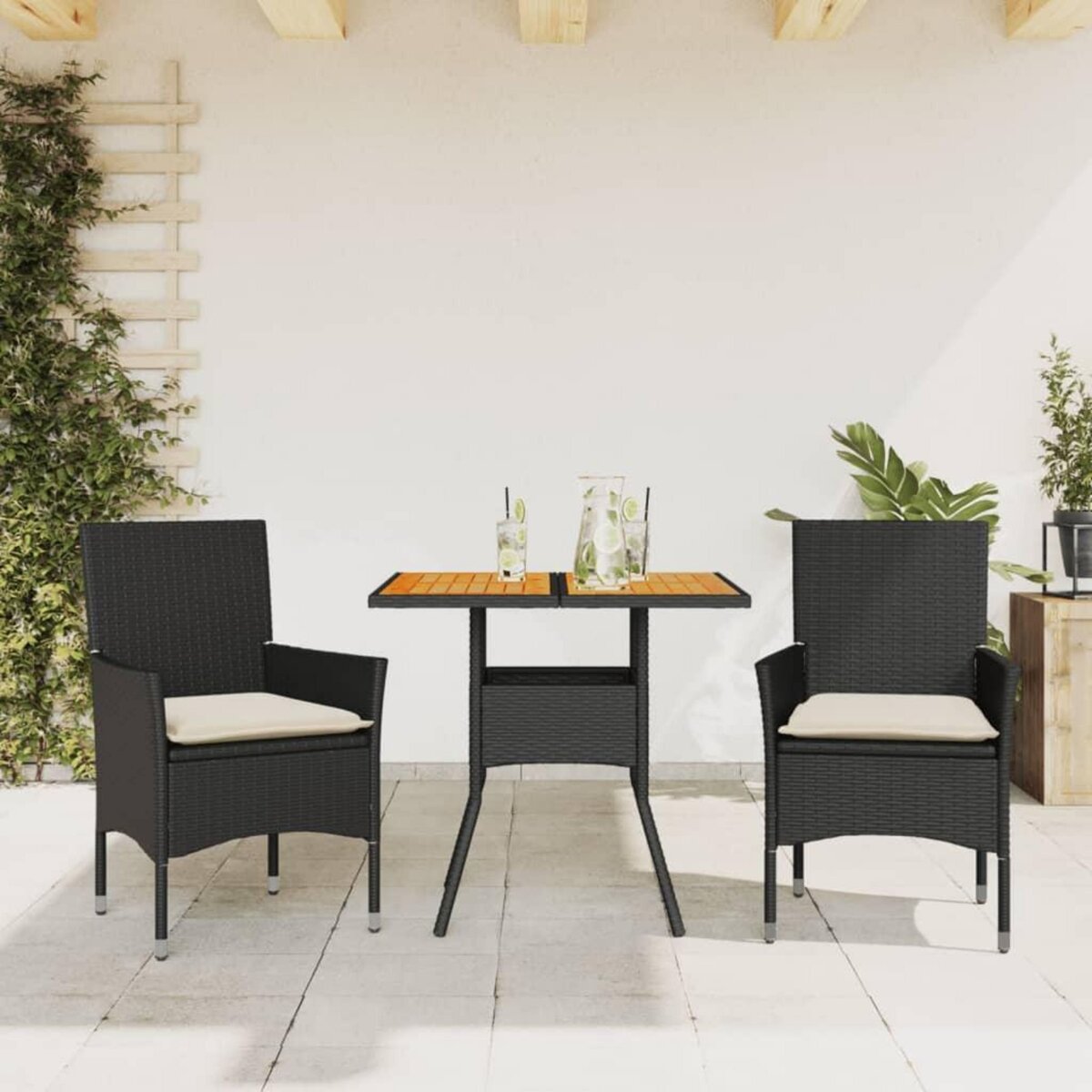 VIDAXL Ensemble a manger de jardin et coussins 3 pcs noir rotin acacia