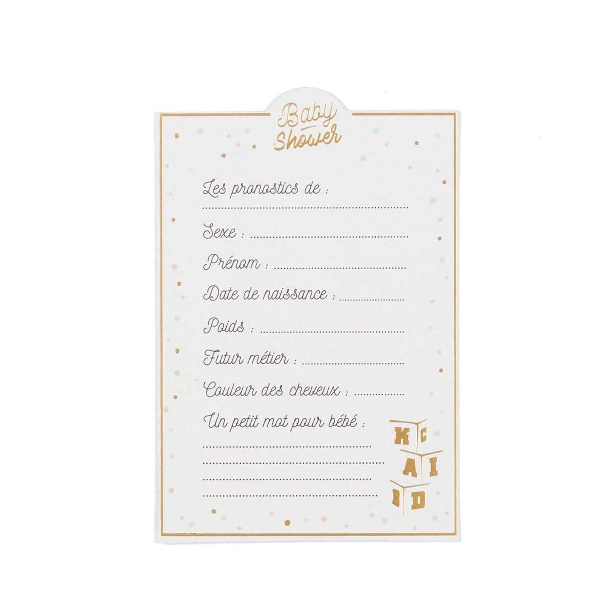 Voir la diapositive 3 : PARTY TIME Lot de 10 cartes de pronostics  baby shower  12cm blanc