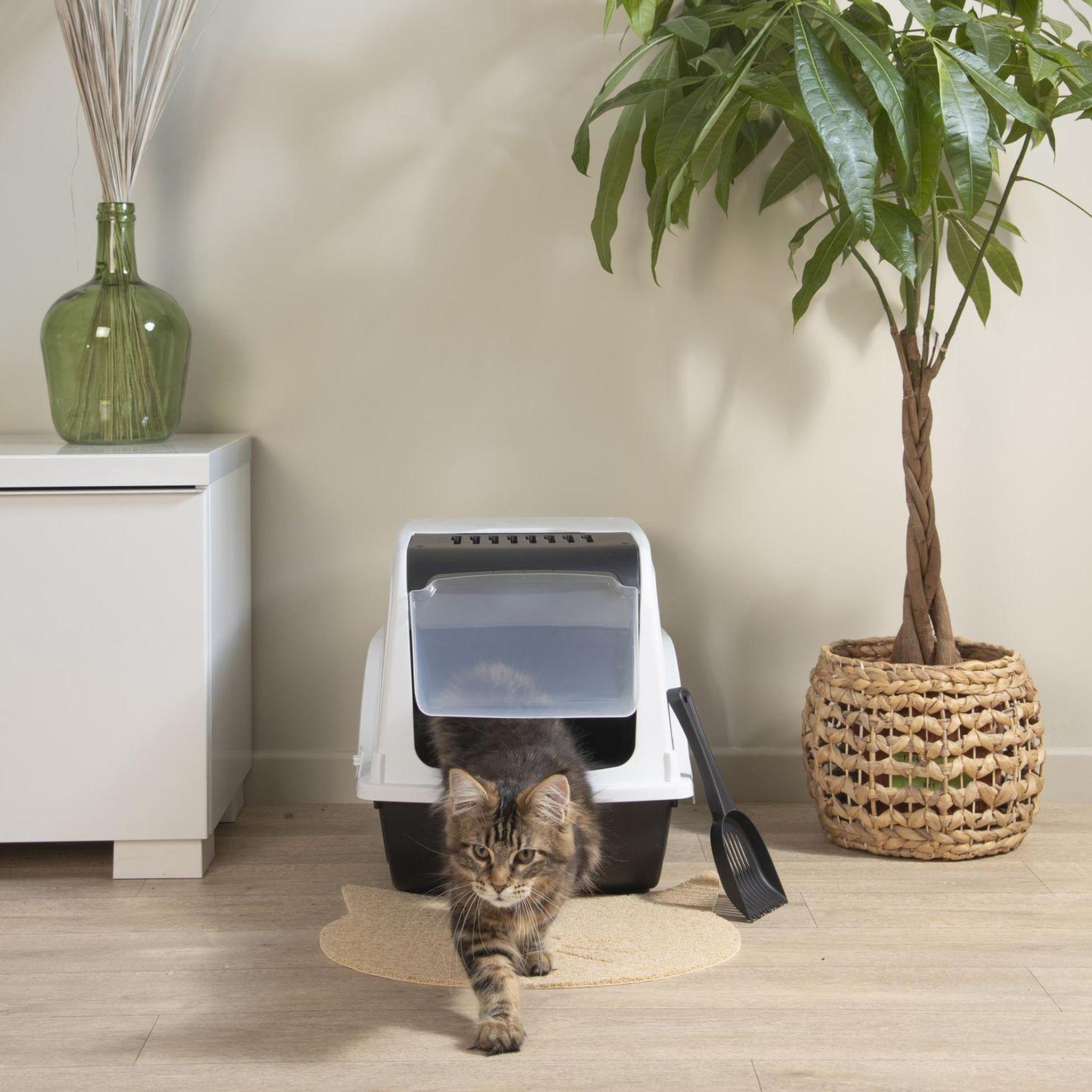 Voir la diapositive 2 : LOVE STORY Maison de toilette litière pour chat avec pelle socks - blanc et gris anthracite