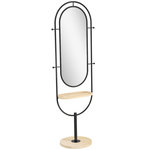 HOMCOM Miroir étagère design H.175 cm - miroir sur pied - tablette, 4 patères - métal noir bois hévéa verni naturel