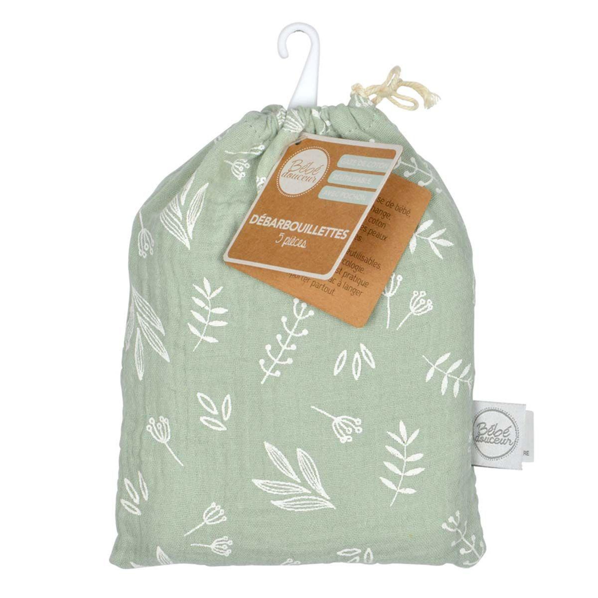 Voir la diapositive 4 : BEBE DOUCEUR Lot de 5 débarbouillettes bébé  pochon  11cm vert céladon