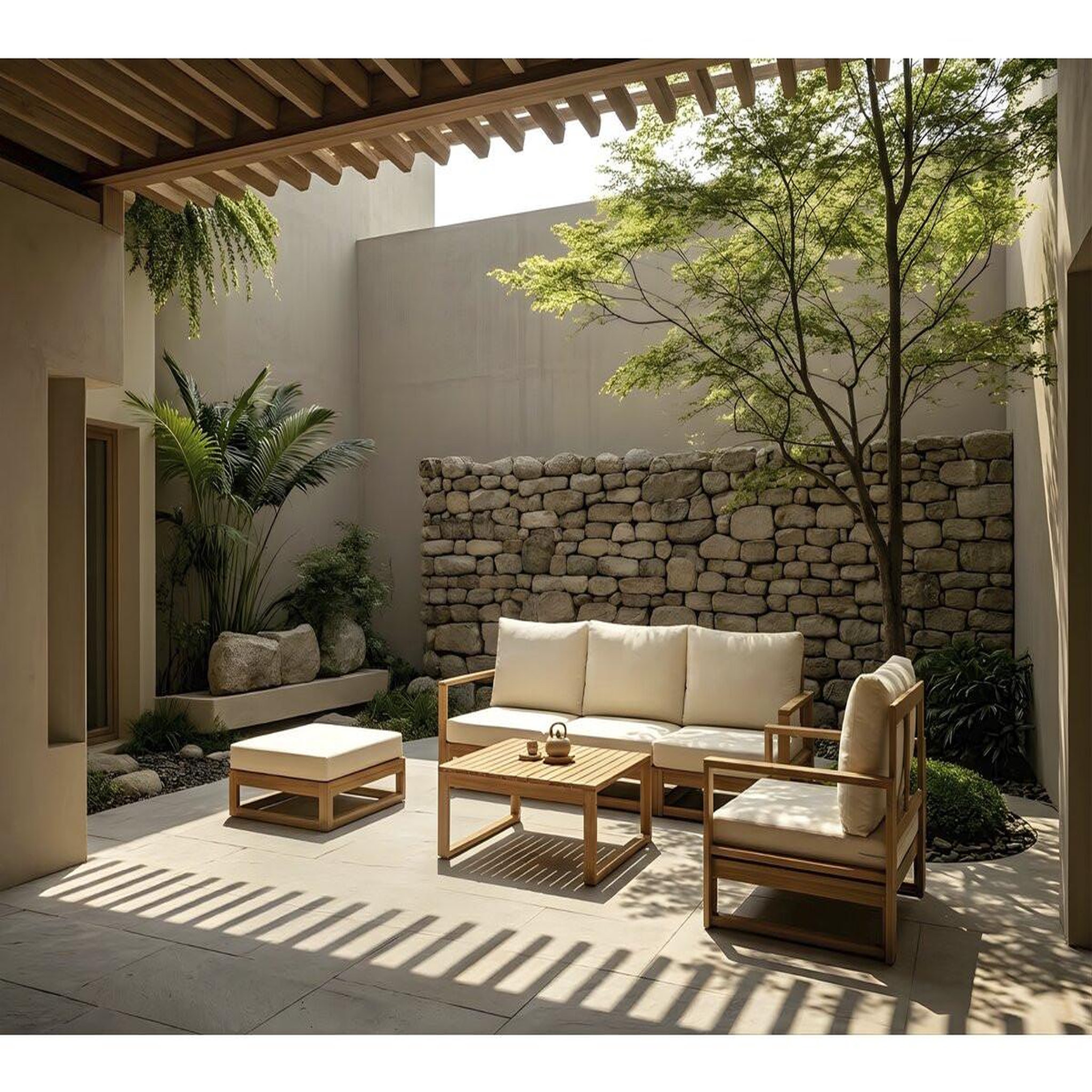 Voir la diapositive 2 : Habitat et Jardin Salon de jardin en bois modulable avec coussins  bellingham  - 5 places - beige