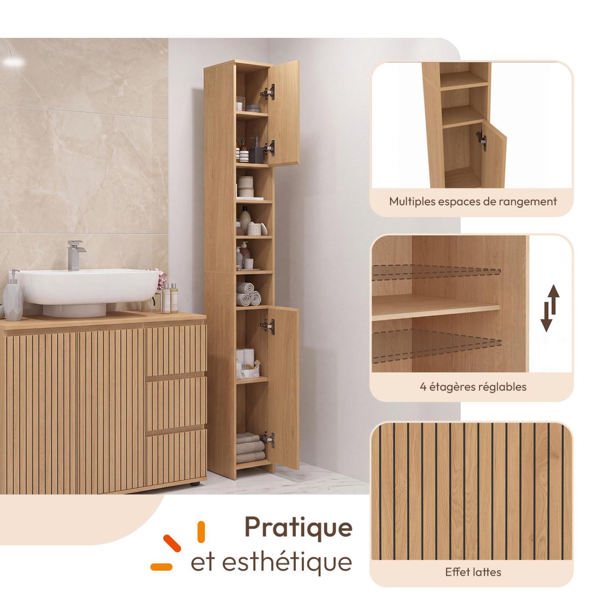 Voir la diapositive 3 : ID MARKET Meuble colonne salle de bain victor 2 portes 4 niches effet lattes