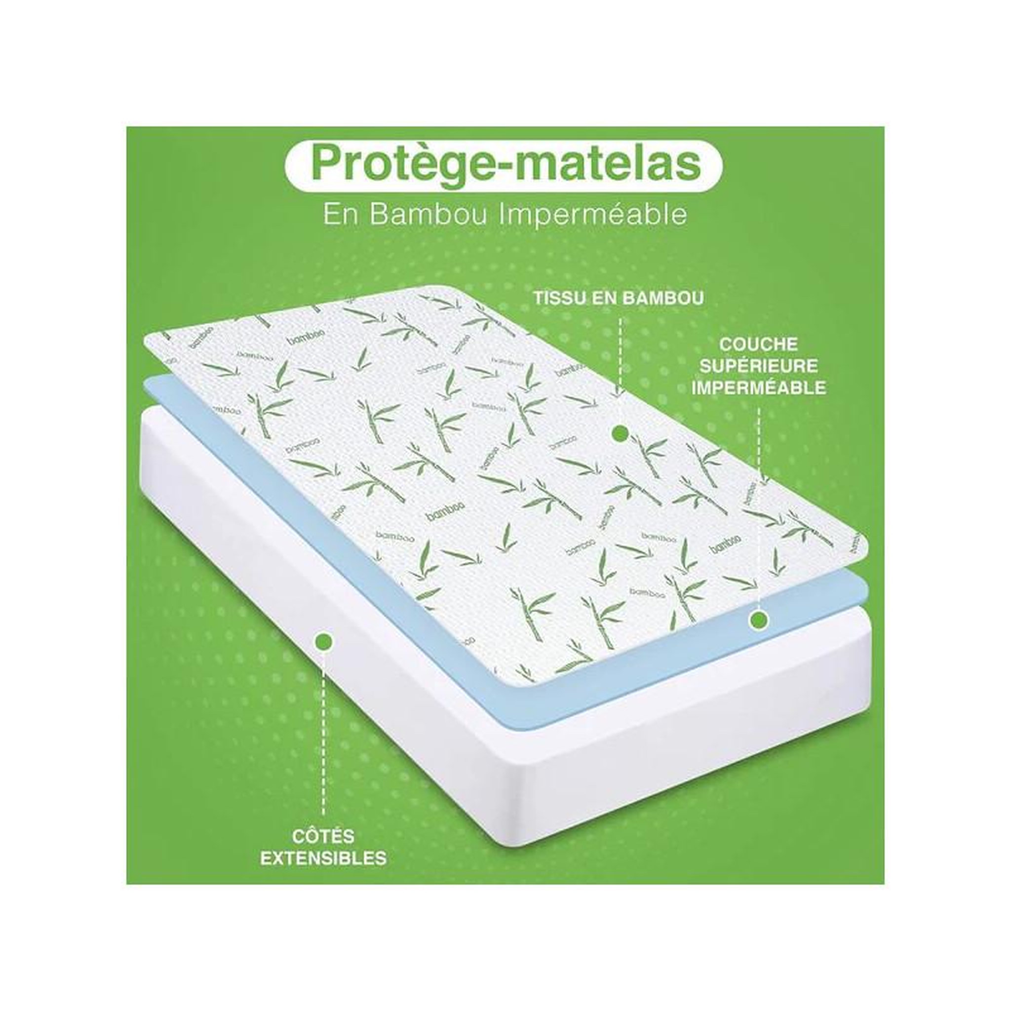 Voir la diapositive 6 : UNIVERS DECOR Protège matelas  Bambou  imperméable 80 x 200 cm bonnet 35 cm pour lits jumeaux