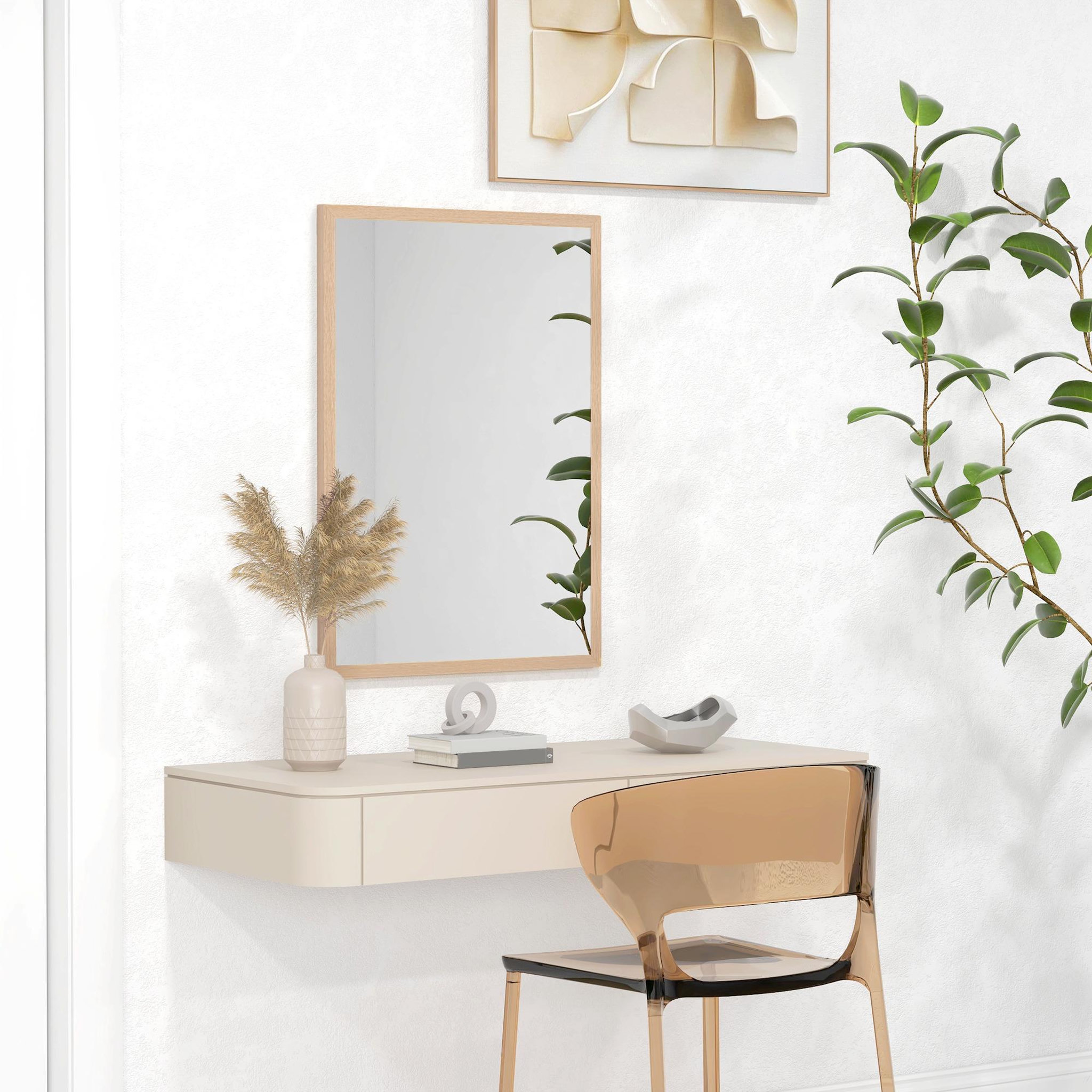 Voir la diapositive 2 : HOMCOM Miroir mural rectangulaire dim. 50L x 70H cm cadre MDF aspect bois clair