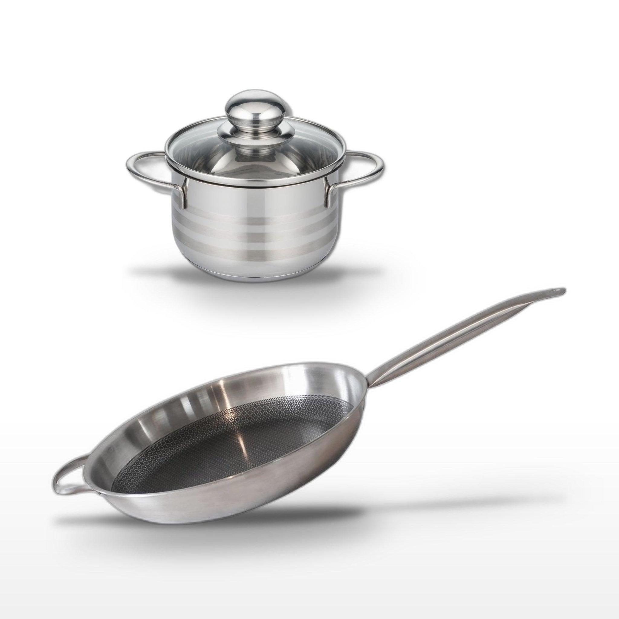 ELO Batterie de cuisine avec 1 poêle de cuisson 32 cm et 1 faitout 14 cm en acier et inox sans pfas elo collection relief solution brillant