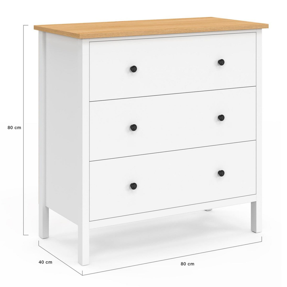 ID MARKET Commode 3 tiroirs ACHILLE 80 cm bois blanc plateau bois