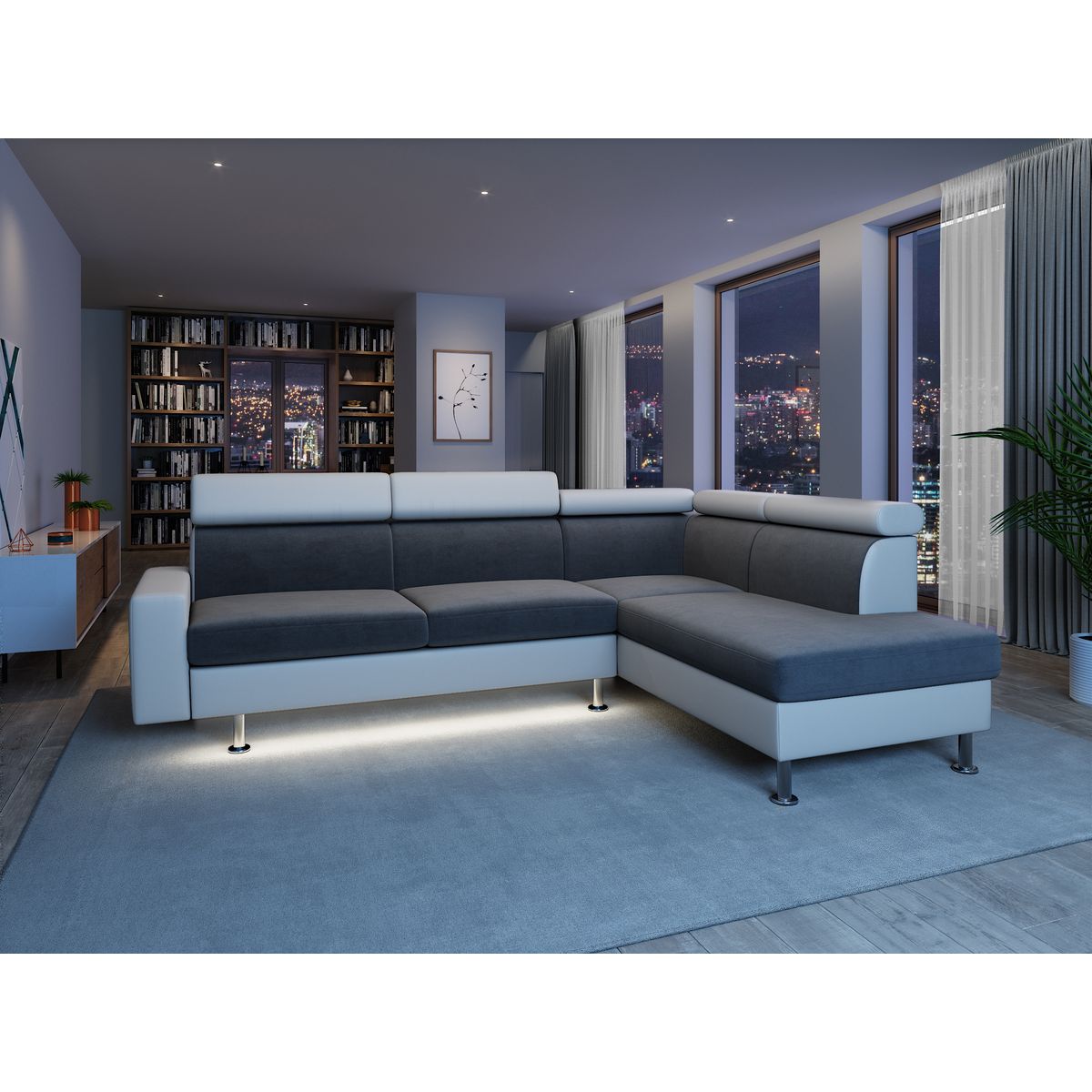 Canapé d'angle 4-5 places fixe avec LED  TOMY- Simili blanc - Microfibre grise - Angle droit