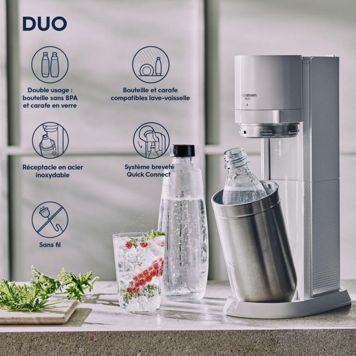 SODASTREAM Machine à soda DUO Blanche Pack 4 bouteilles