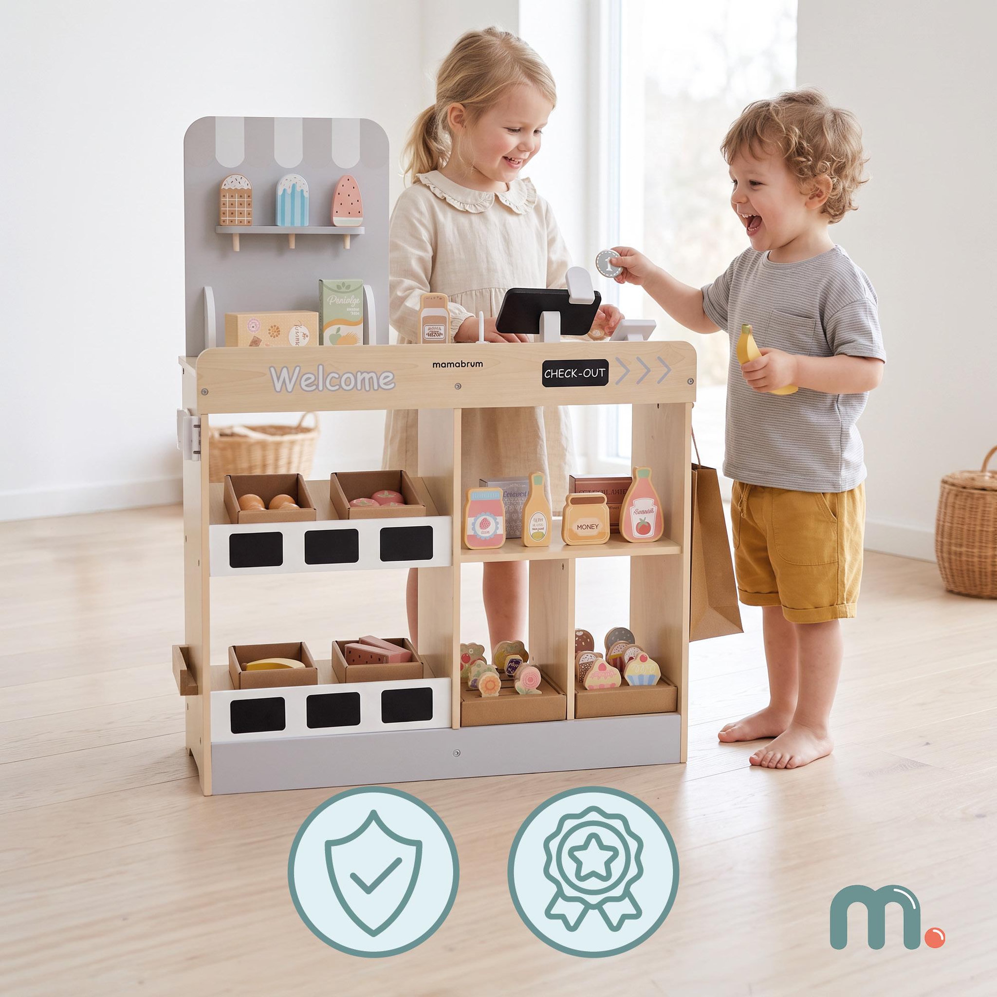 Voir la diapositive 2 : MAMABRUM Marchande Bois Enfant Mamabrum Sklep Jouet Caisse 60 Accessoires Supermarche 3 Ans