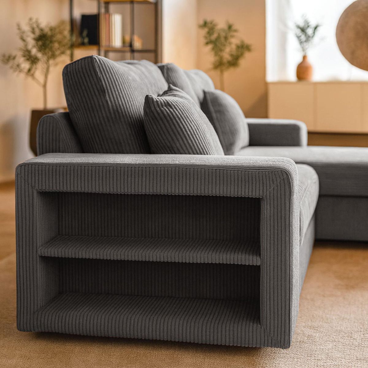 CONCEPT USINE Canapé d'angle convertible 4 places avec coffre en velours côtelé gris GLASGOW