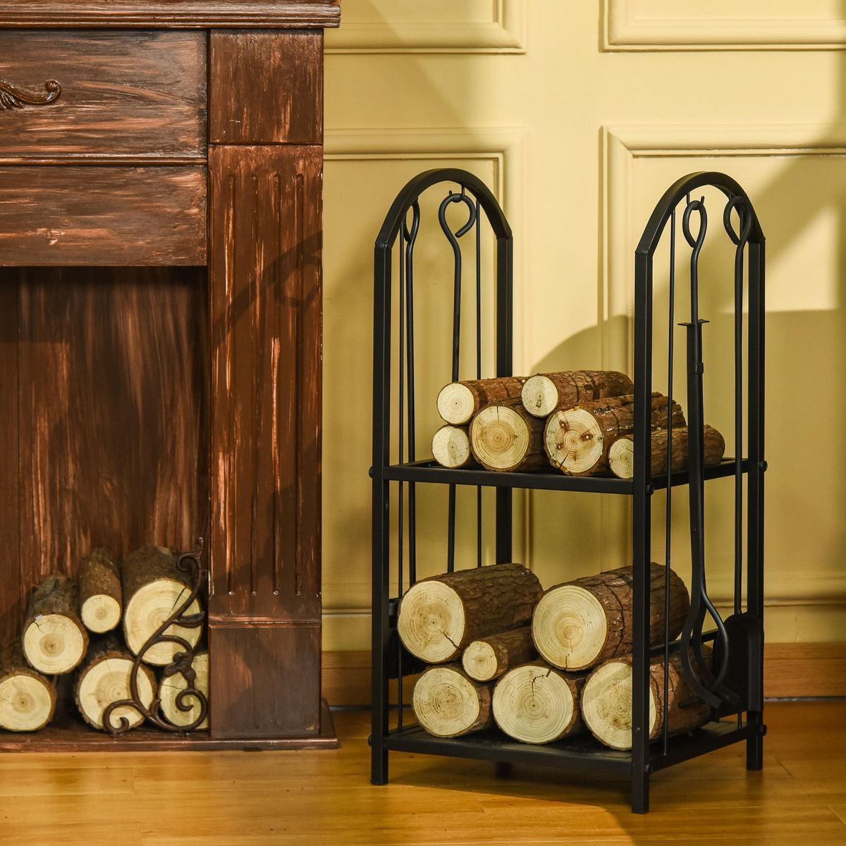 OUTSUNNY Serviteur de cheminée - porte bûches - range bûches multi-accessoires 2 étagères métal noir