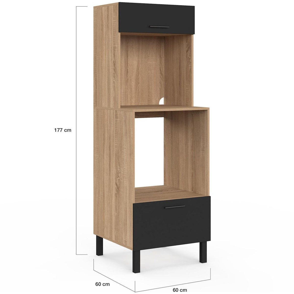 ID MARKET Armoire colonne de cuisine four/micro-ondes 60 cm CINA 2 portes noir et façon hêtre