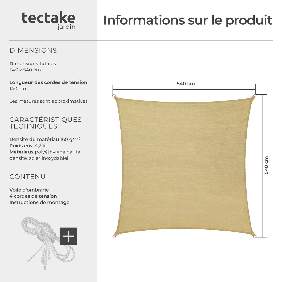 tectake Voile d'ombrage carrée carrée avec une protection UV 50+ beige 5,4 x 5,4 m