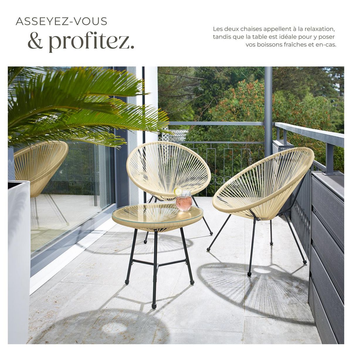 tectake Ensemble de 2 chaises de jardin avec table design rétro dans le style Acapulco beige