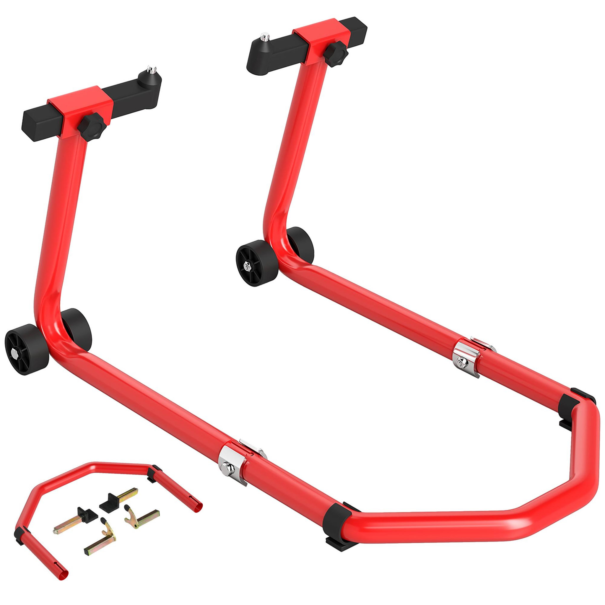 HOMCOM Béquille roue avant arrière charge 390 kg, béquille d'atelier moto avec bras réglable en acier, lève-moto fourche en forme de U + L, pour réparation entretien stockage domicile, rouge