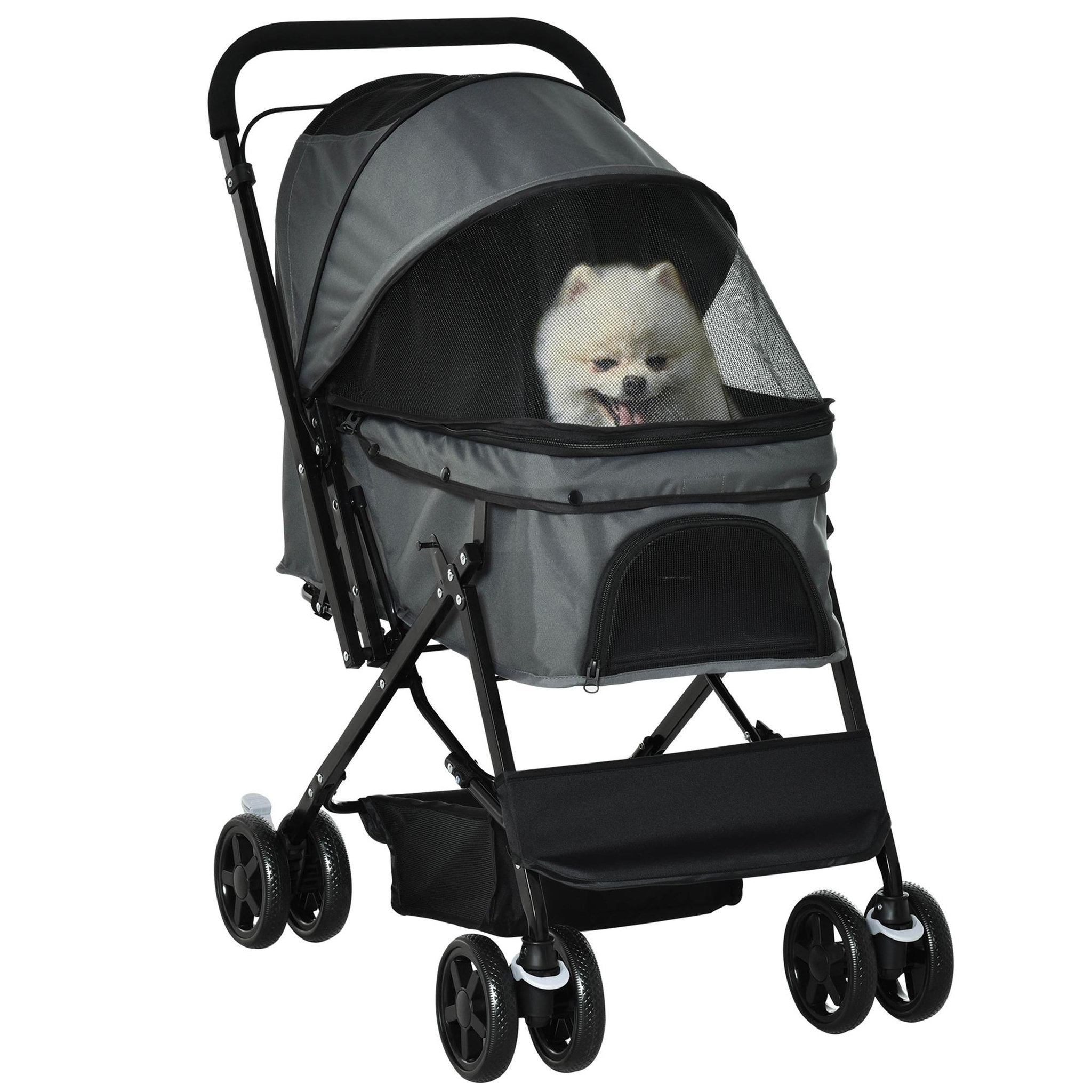 PAWHUT Poussette buggy pliable chien chat panier et sac de rangement attaches sécurité housse réglable poignée réglable acier oxford gris