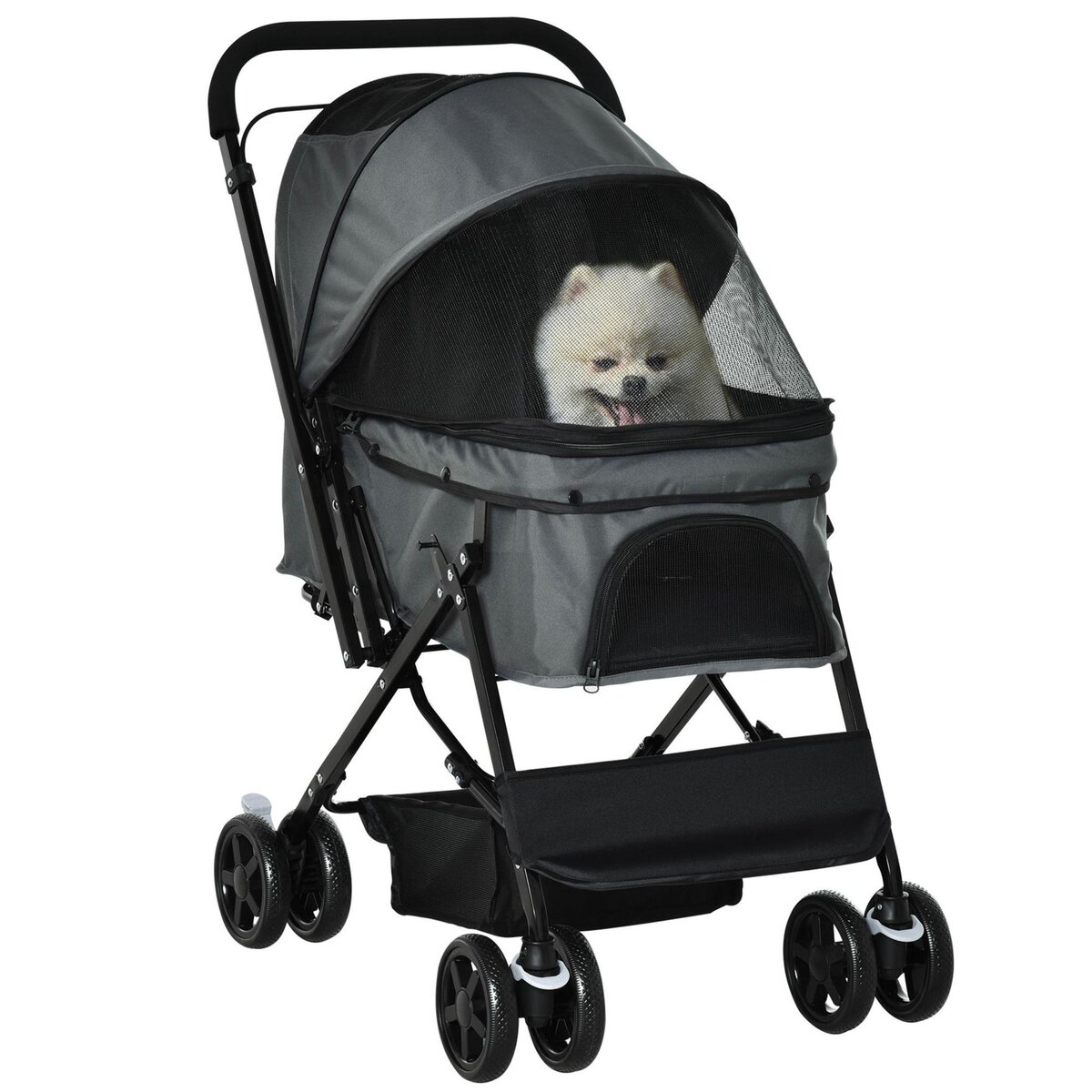 PAWHUT Poussette buggy pliable chien chat panier et sac de rangement attaches sécurité housse réglable poignée réglable acier Oxford gris