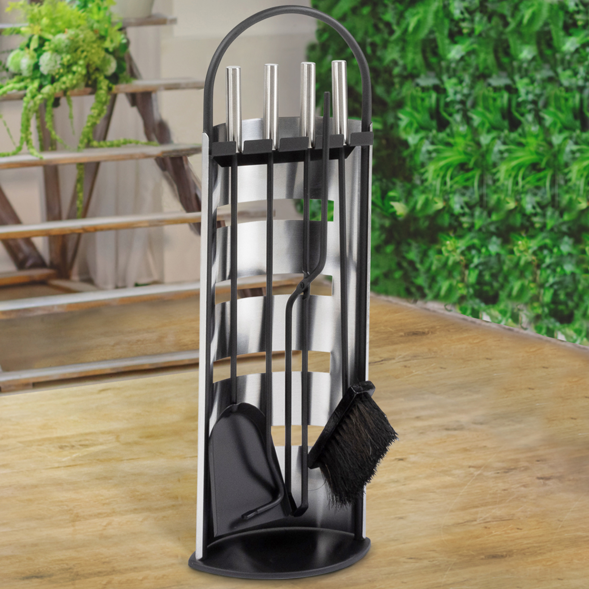 Voir la diapositive 4 : ID MARKET Ensemble serviteur de cheminée noir inox 5 éléments pelle balai tisonnier pince avec support