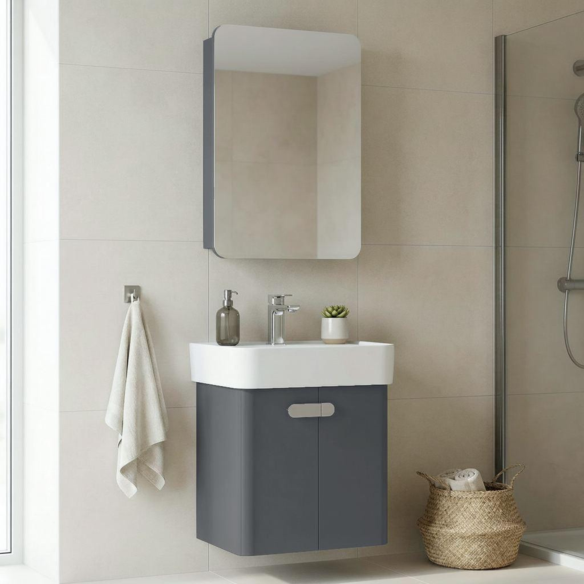 Voir la diapositive 2 : Habitat et Jardin Meuble avec simple vasque et miroir  Orbit 55  - 55 x 38 x 62 cm - Anthracite