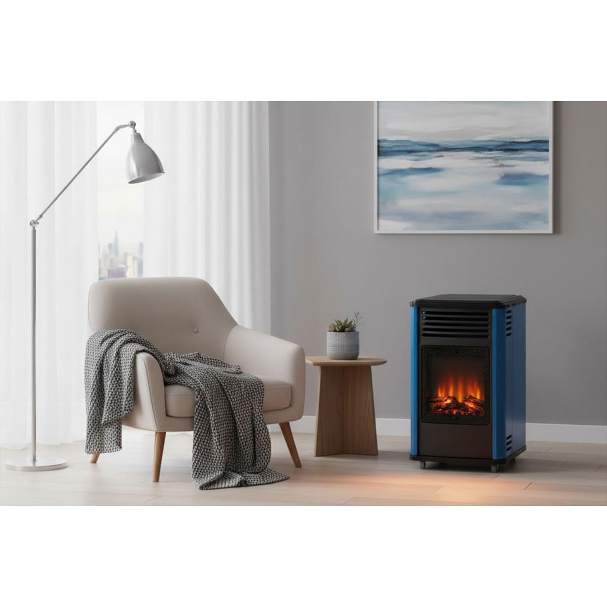 Voir la diapositive 5 : SAHARA Pack 2 Poêles à gaz 3.4KW Manhattan Bleu Effet feu de bois 3 niveaux de chauffe 40-80m2 Sahara