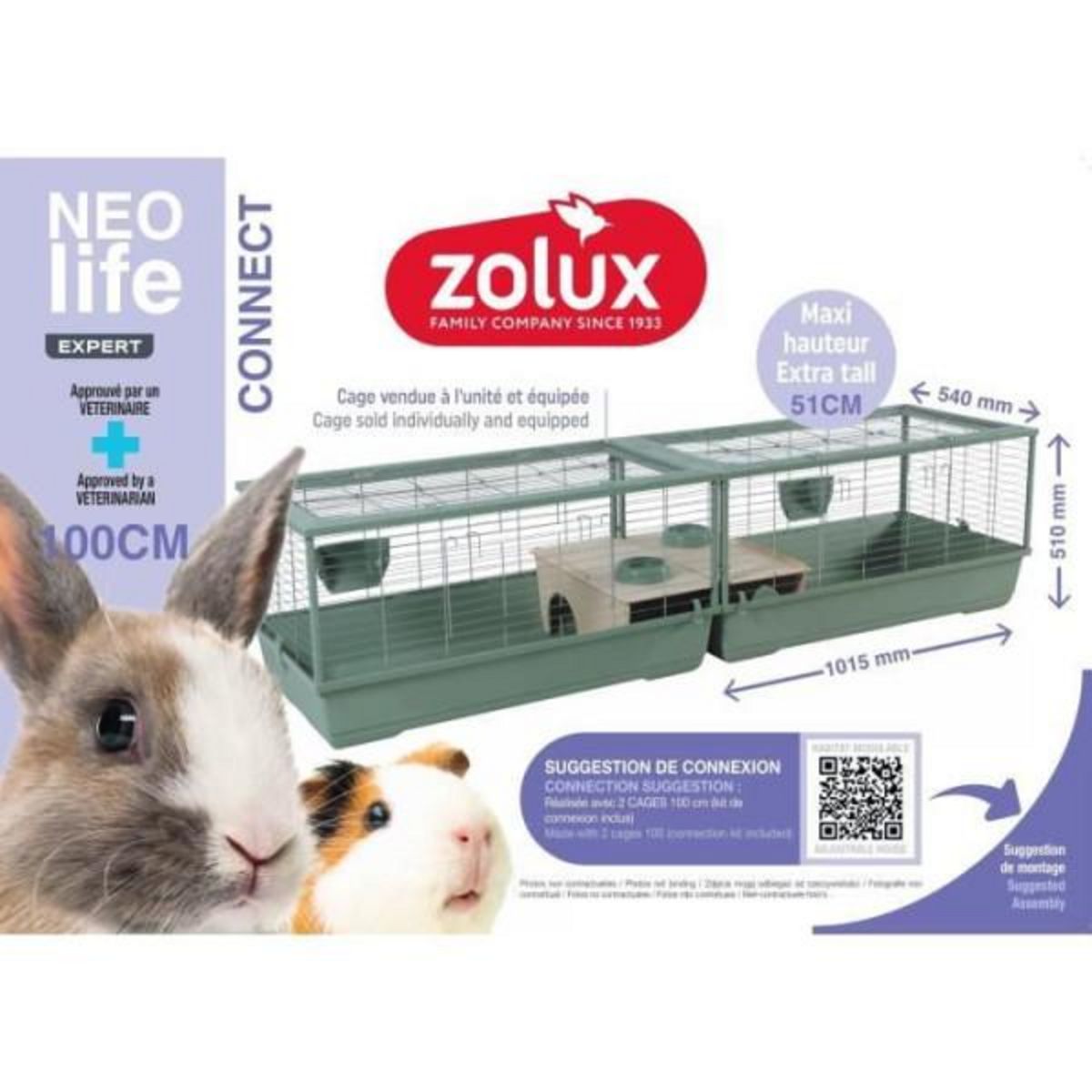 Zolux Cage rongeur - Zolux - Néolife Connect - Pour lapin et cochon d'inde - 101.5 x 54 x 51 cm - Vert