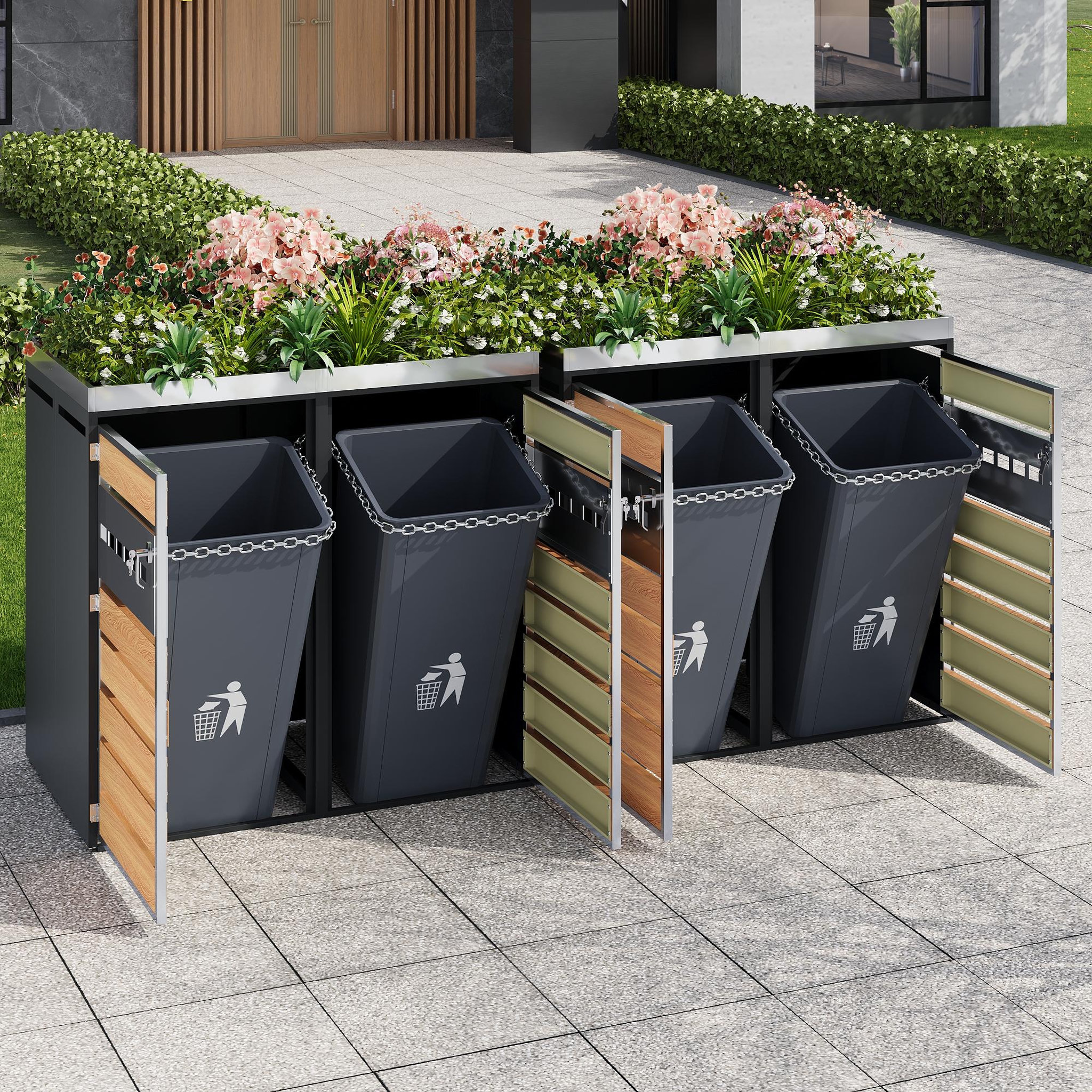 Voir la diapositive 5 : MERAX Cache Poubelle Extérieur Lot de 2 avec Bac à Plantes, Gris