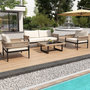 Voir la diapositive 2 : MERAX Salon de jardin 4 places en fer et corde avec table verre, pieds réglables, coussins, beige