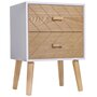Voir la diapositive 1 : HOMCOM Chevet table de nuit design scandinave 40L x 30l x 56H cm 2 tiroirs bois massif pin MDF blanc et hêtre motif graphique