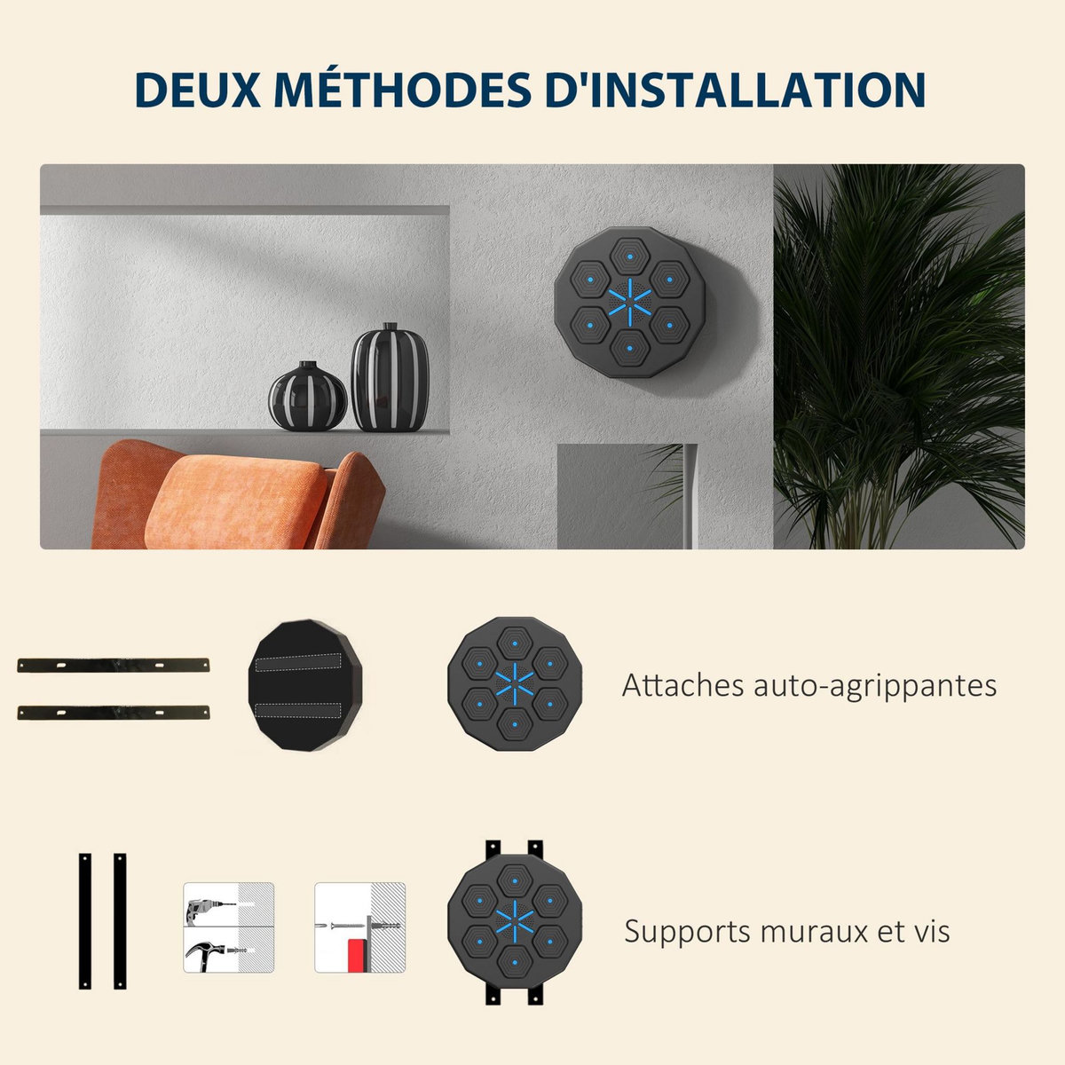 HOMCOM Machine de boxe musicale murale avec lumières - connexion bluetooth, charge USB - noir