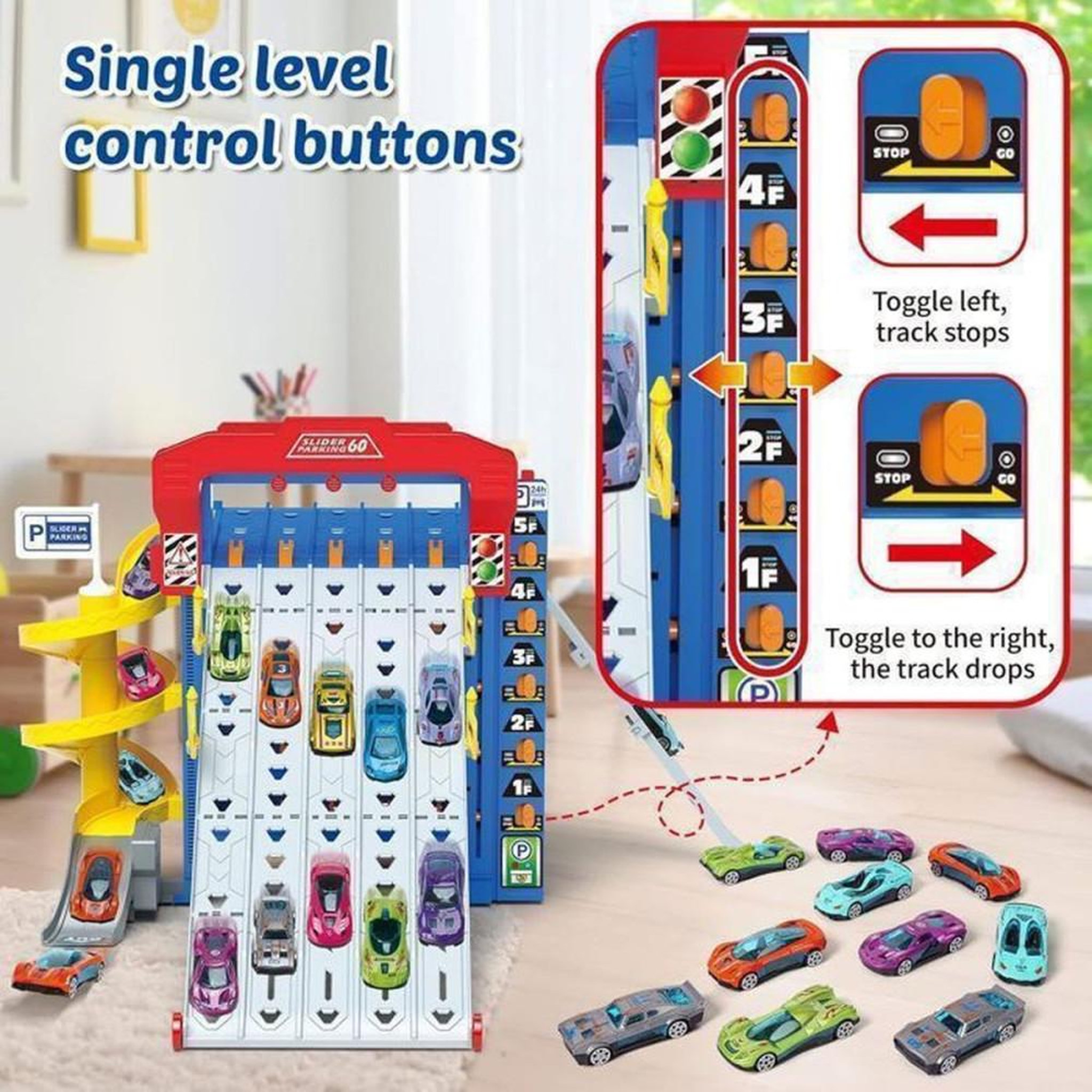 Voir la diapositive 3 : Coffret circuit voitures coulissantes 60 avec camion et garage, 10 mini voitures