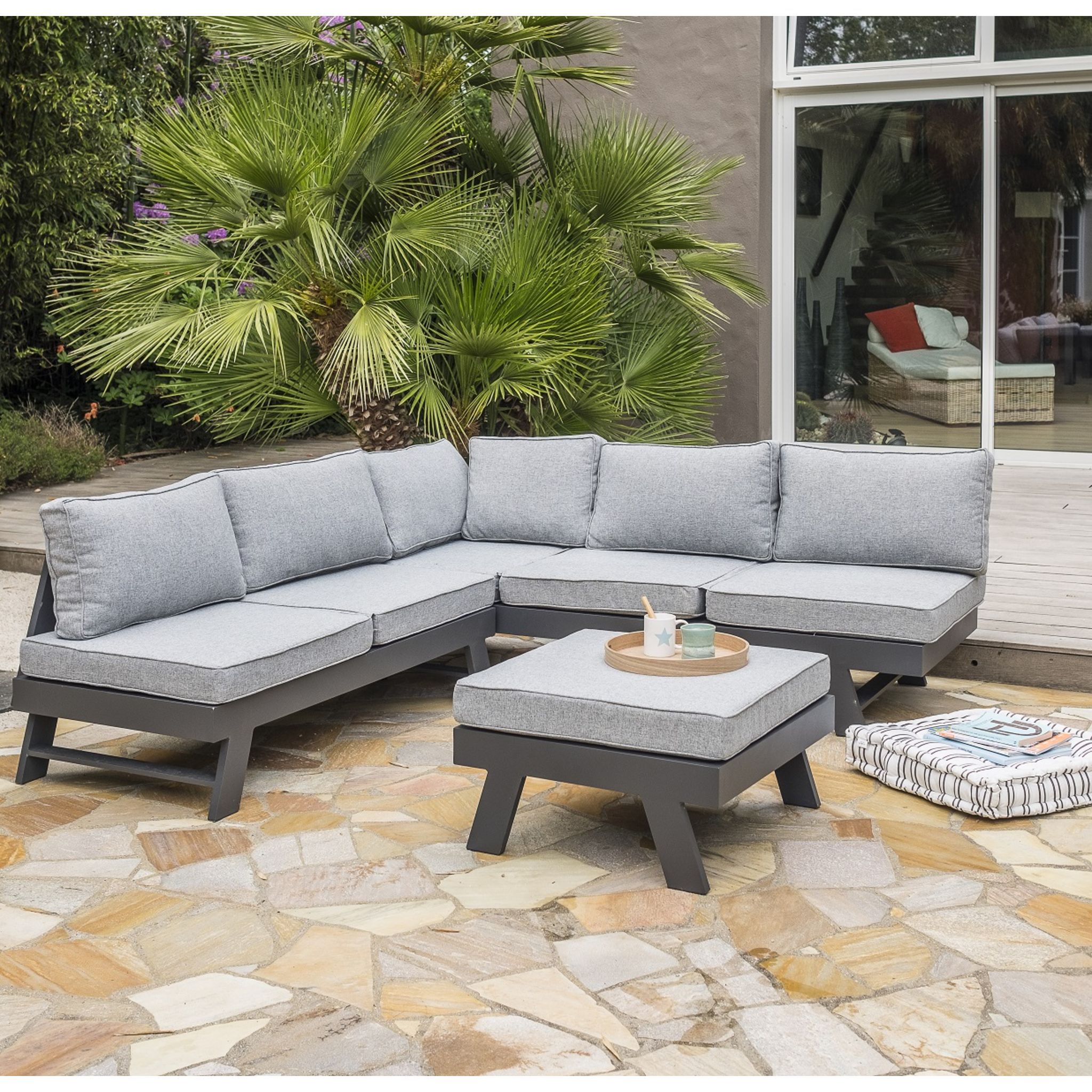 DCB GARDEN Salon bas de jardin en angle - 5/6 places - Aluminium - Anthracite