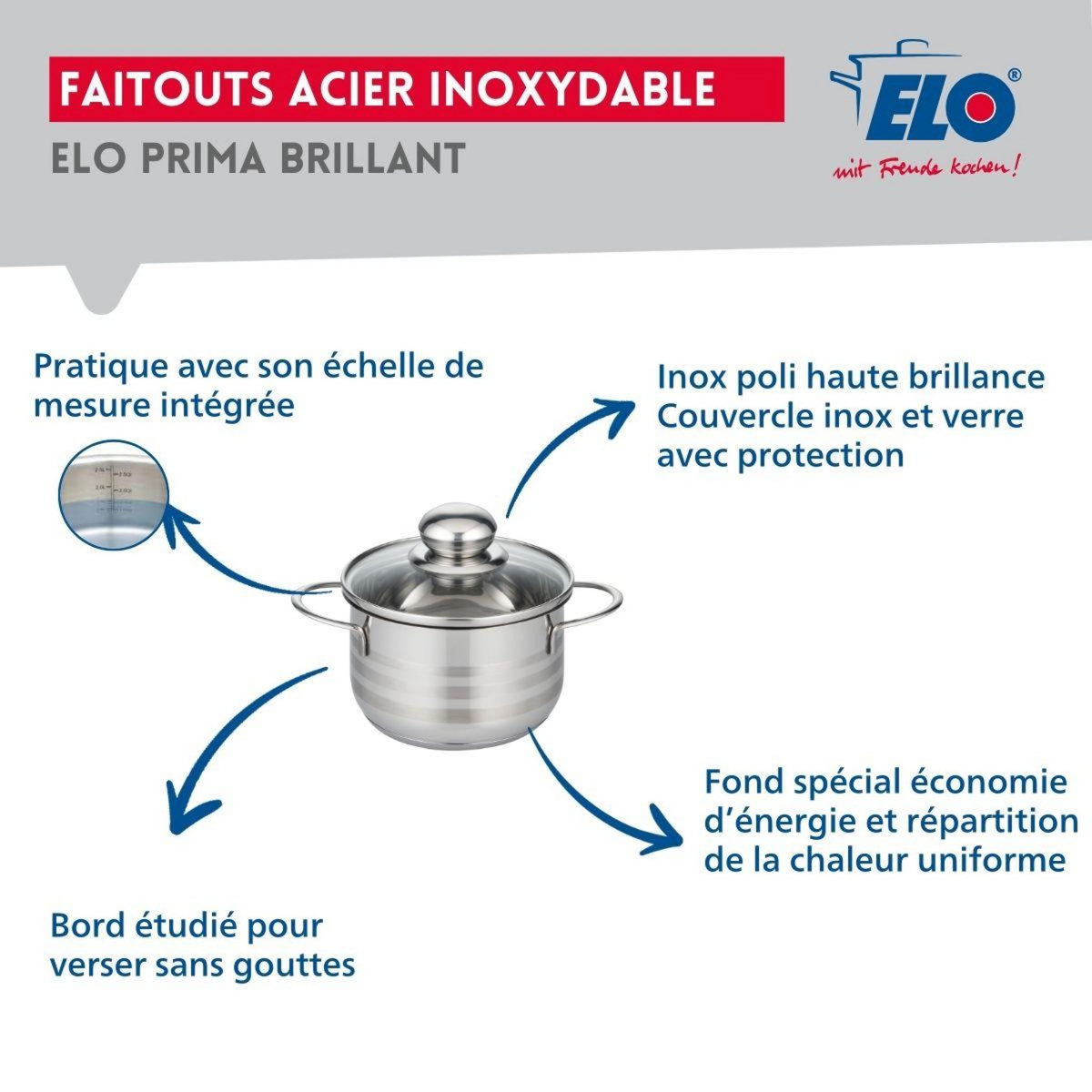 ELO Ensemble de 3 Poêles de cuisson 24, 28 et 32 cm et 1 faitout 16 cm Elo Prima Brillant