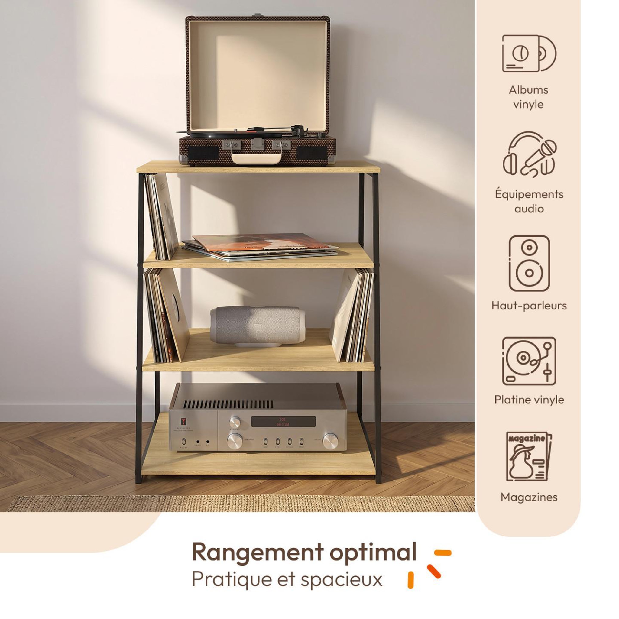 Voir la diapositive 3 : ID MARKET Meuble hifi, support pour platine, enceintes et vinyles 60 cm detroit étagère 4 niveaux bois et noir design industriel
