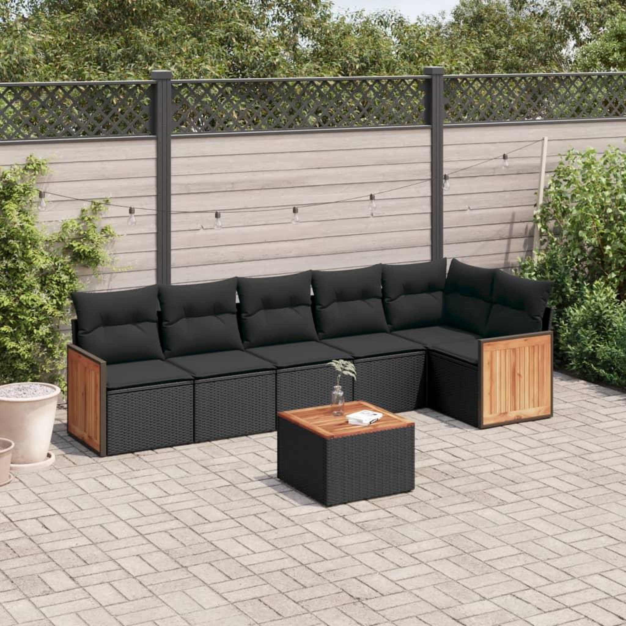 VIDAXL Salon de jardin 7 pcs avec coussins noir resine tressee