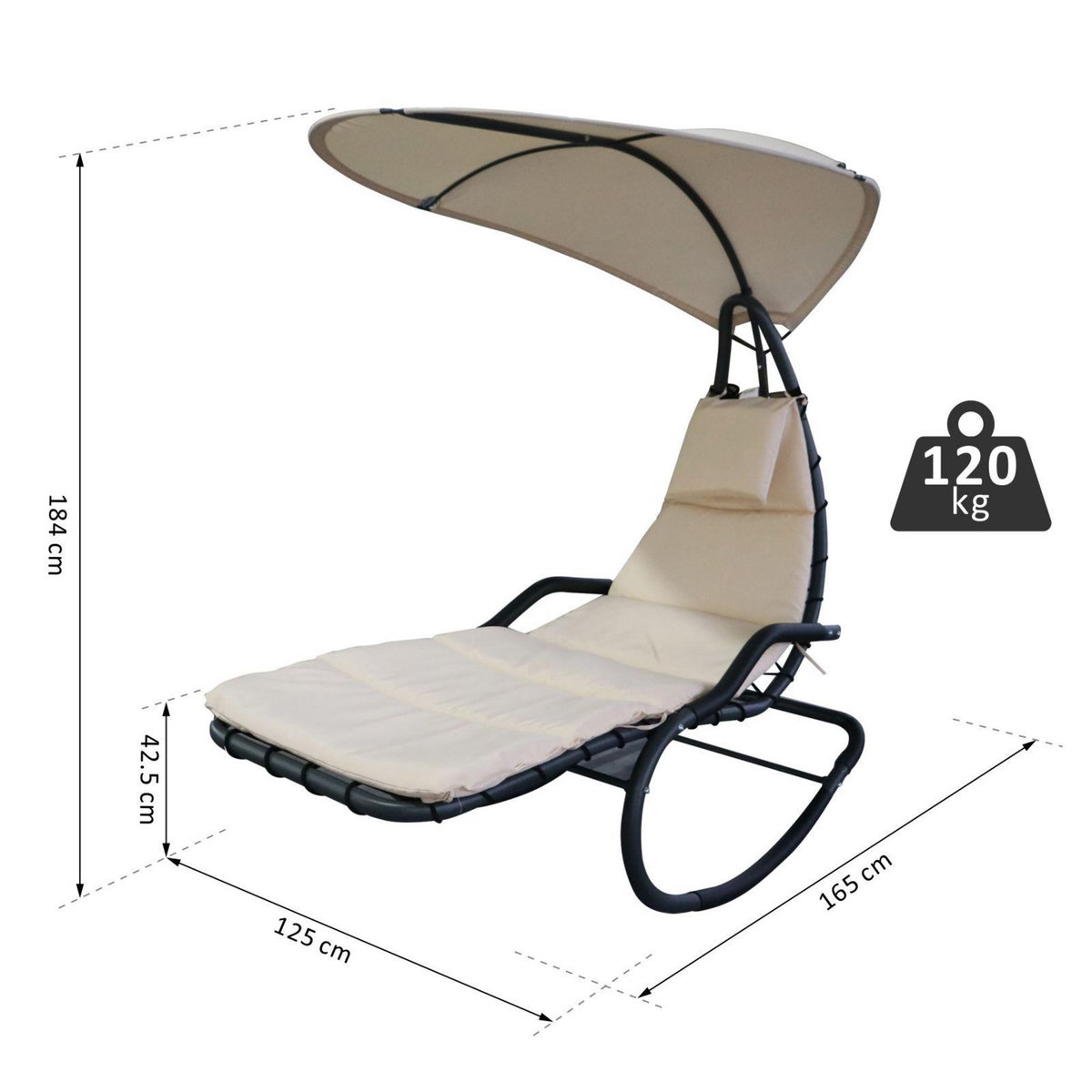 OUTSUNNY Bain de soleil transat à bascule design contemporain avec pare-soleil et matelas 1,65L x 1,25l x 1,84H m acier époxy noir polyester beige