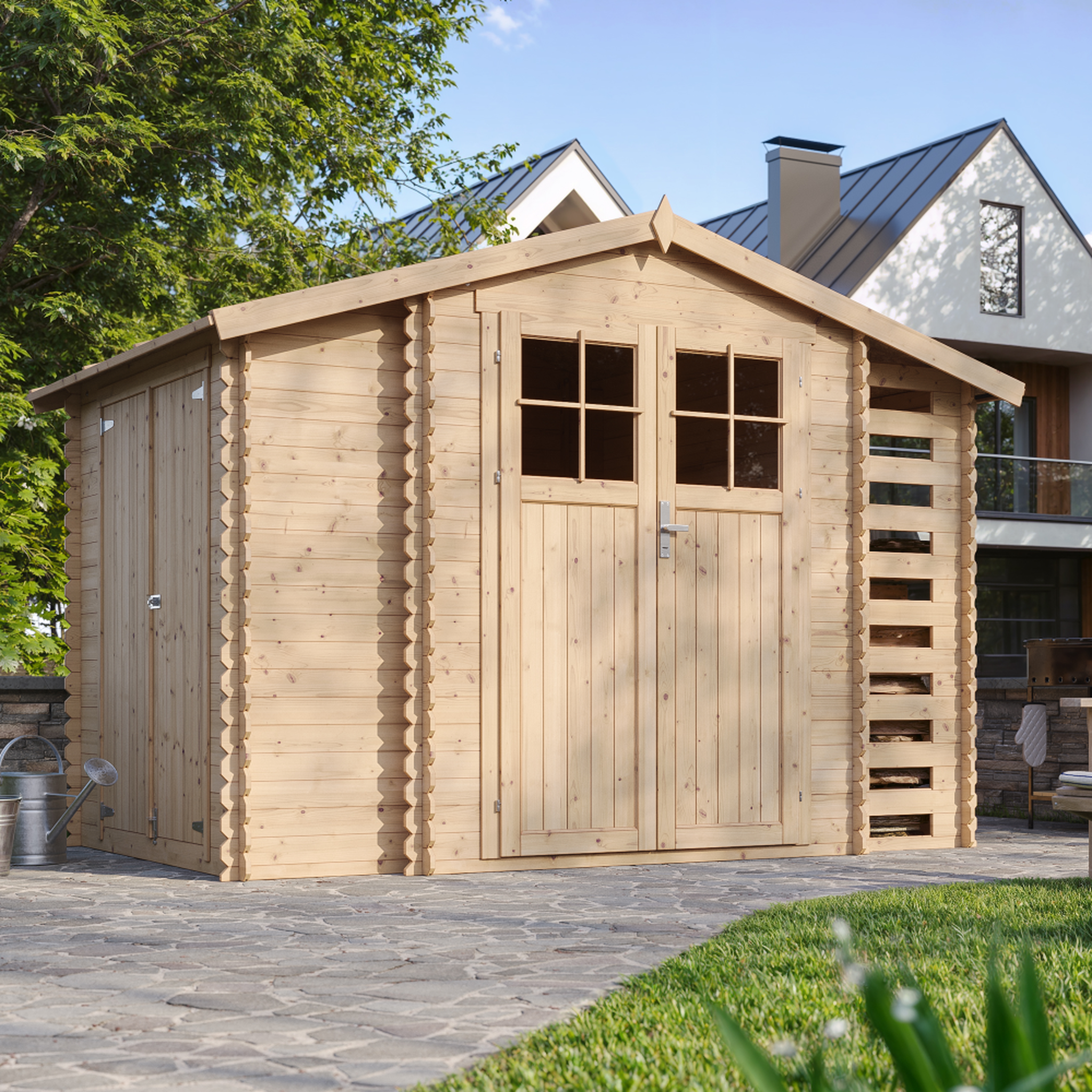 Voir la diapositive 3 : TIMBELA Abri de jardin en bois et range bûches extérieur - 3,53 + 0,97+0,97 m2 m389f