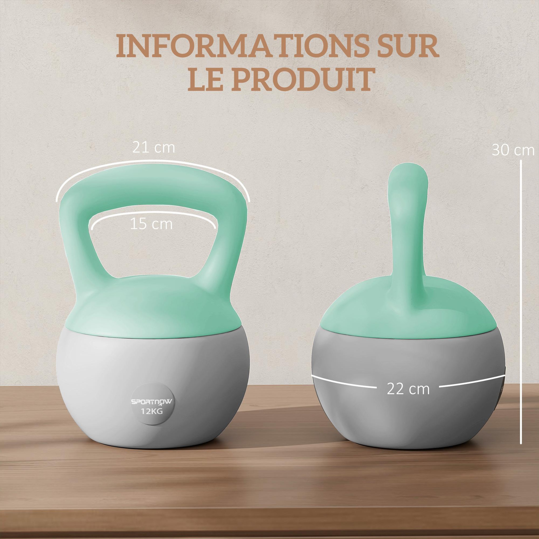 Voir la diapositive 3 : HOMCOM Kettlebell 12 kg - prise ergonomique - entraînement musculaire & haltérophilie - pvc gris vert d'eau