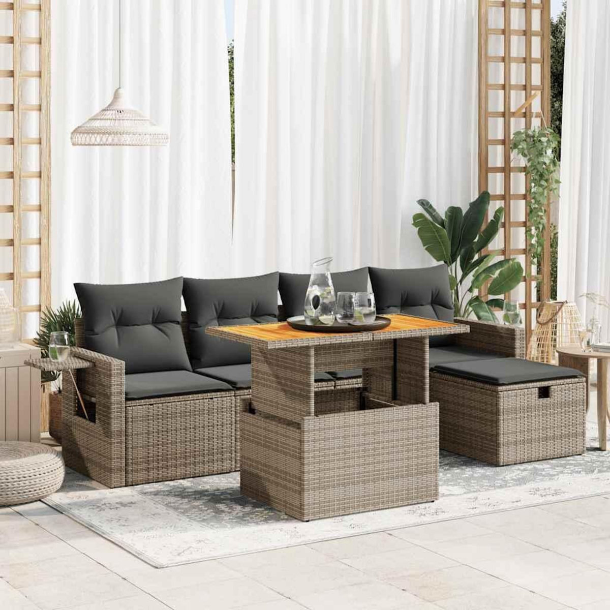 VIDAXL Salon de jardin avec coussins 6 pcs gris resine tressee acacia