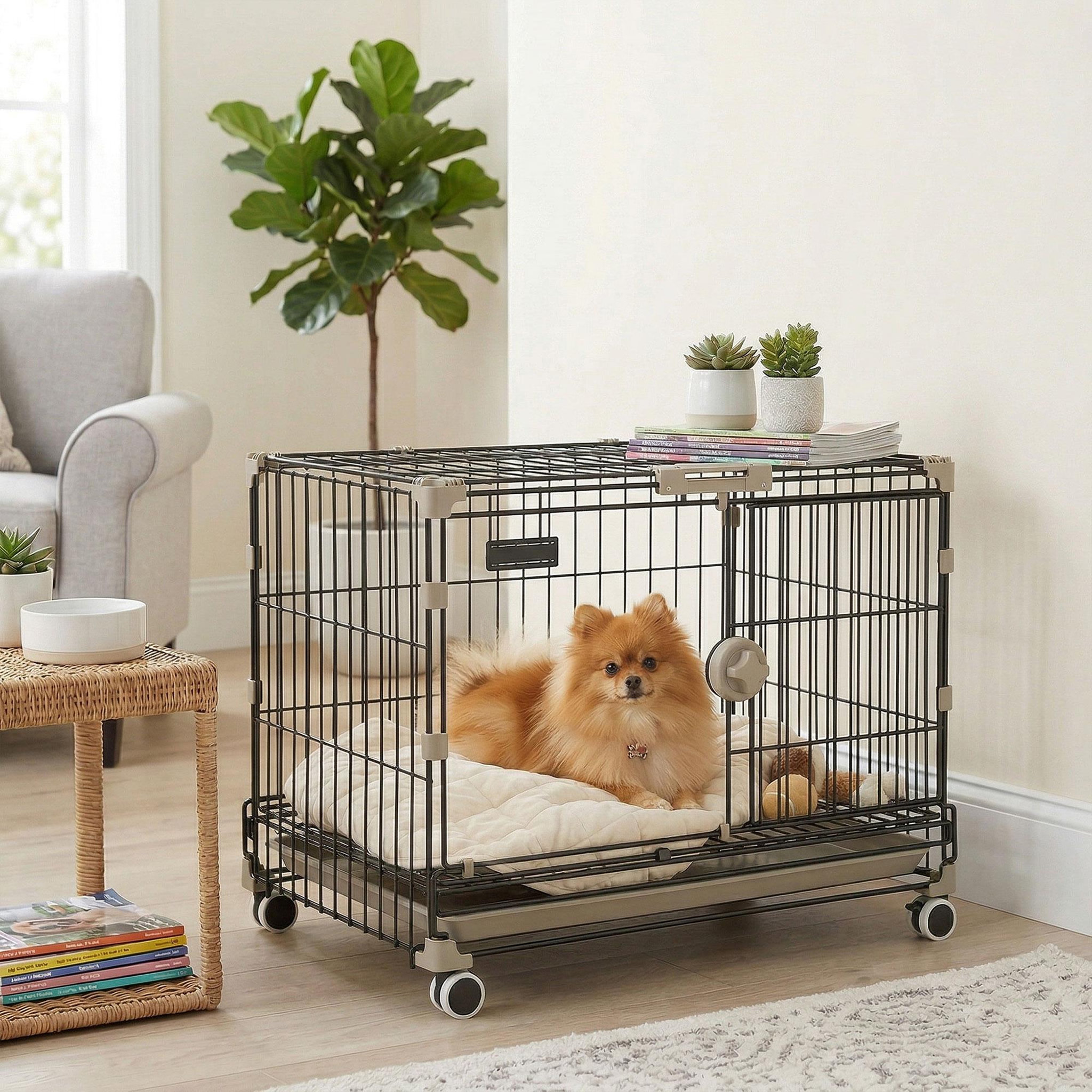 Voir la diapositive 6 : PAWHUT Cage pour chien pliable, plateau amovible, roues avec freins, toit ouvrant verrouillable, porte de nourrissage, niche chien interieur pour petits et moyens chiens, 60,5x45,5x54,5cm, noir