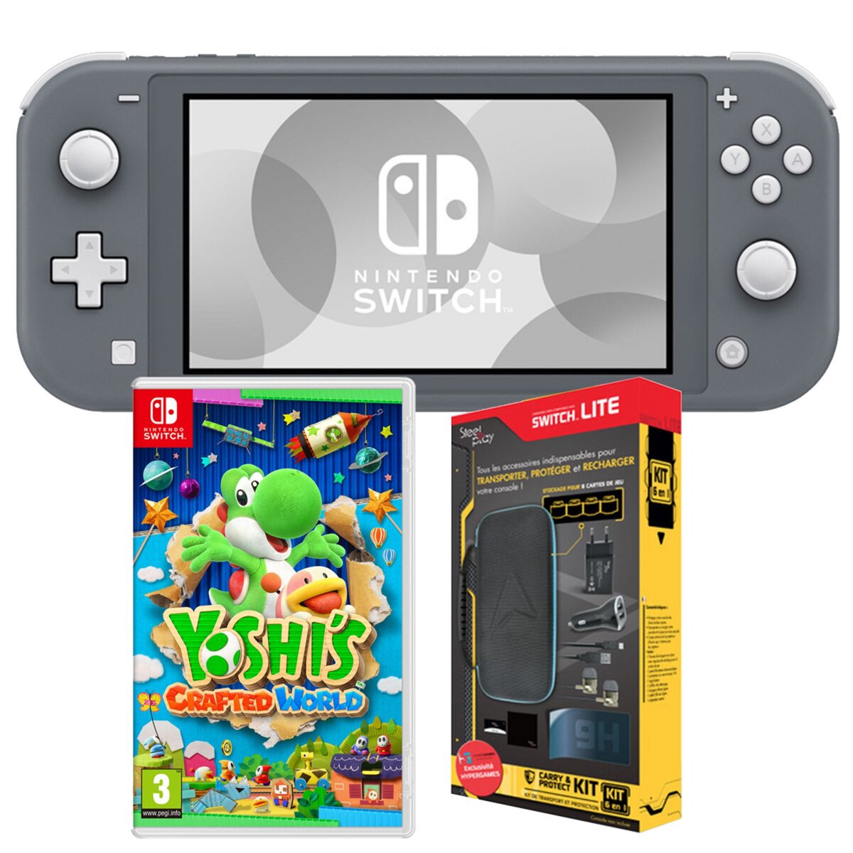 NINTENDO EXCLU WEB Console Nintendo Switch Lite Grise + Yoshi's Crafted + Pack accessoires exclusif Auchan
